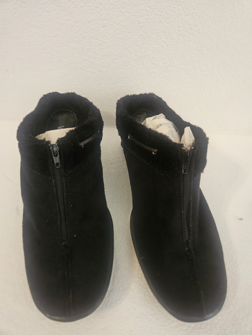 Van Eli Black Suede Zip-Front Fur Trim Mules